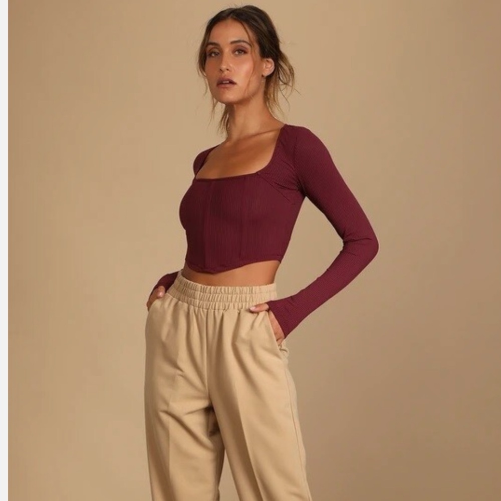 House of Harlow 1960 Wine Long Sleeve Rib Ponte Knit Corset Crop Sweater